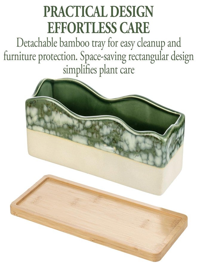 MyGift Decorative Beige and Green Ceramic Glazed Rectangular Succulent Planter Pot with Removable Bamboo Tray - Image 3