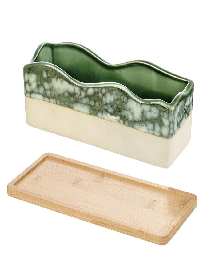 MyGift Decorative Beige and Green Ceramic Glazed Rectangular Succulent Planter Pot with Removable Bamboo Tray - Image 1