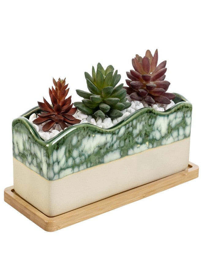MyGift Decorative Beige and Green Ceramic Glazed Rectangular Succulent Planter Pot with Removable Bamboo Tray - Image 5