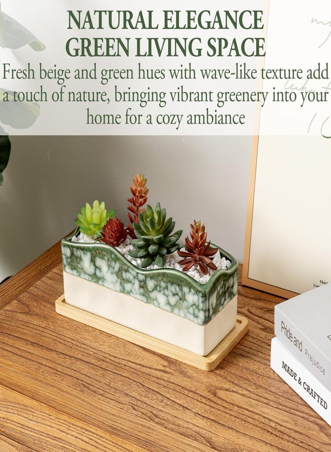 MyGift Decorative Beige and Green Ceramic Glazed Rectangular Succulent Planter Pot with Removable Bamboo Tray - Image 2
