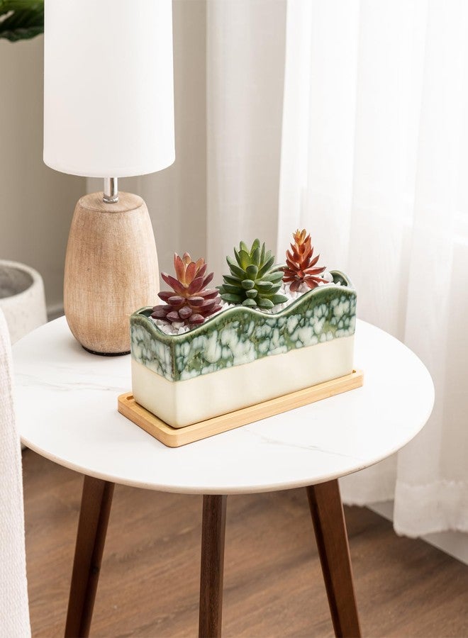 MyGift Decorative Beige and Green Ceramic Glazed Rectangular Succulent Planter Pot with Removable Bamboo Tray - Image 4