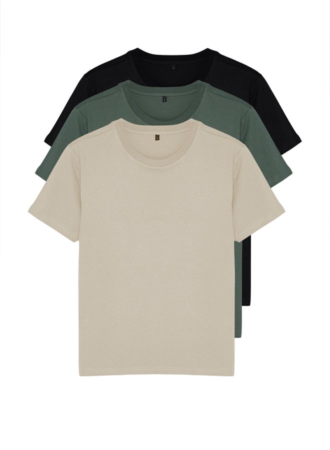 trendyol Black-Stone-Dark Green Slim/Slim Cut Crew Neck Basic 100% Cotton 3-Pack T-Shirt TMNSS19BO0007 - Image 2