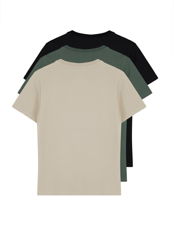 trendyol Black-Stone-Dark Green Slim/Slim Cut Crew Neck Basic 100% Cotton 3-Pack T-Shirt TMNSS19BO0007 - Image 3