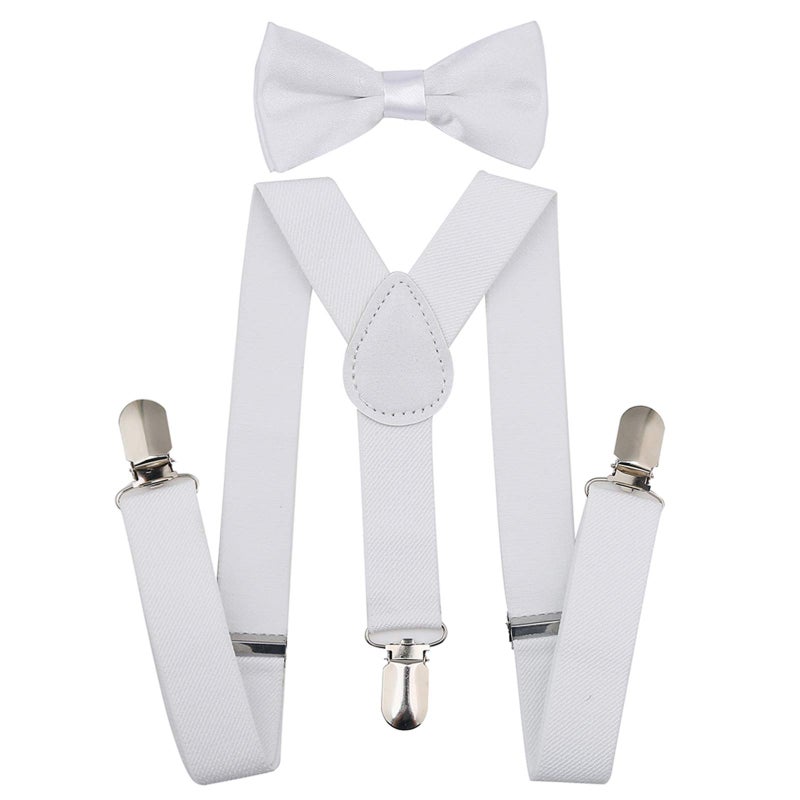 AWAYTR Child Kids Suspenders Bowtie Set - Adjustable Suspender Set for Boys and Girls (White, 30Inches (6 Years to 5 Feet Tall) - Image 1