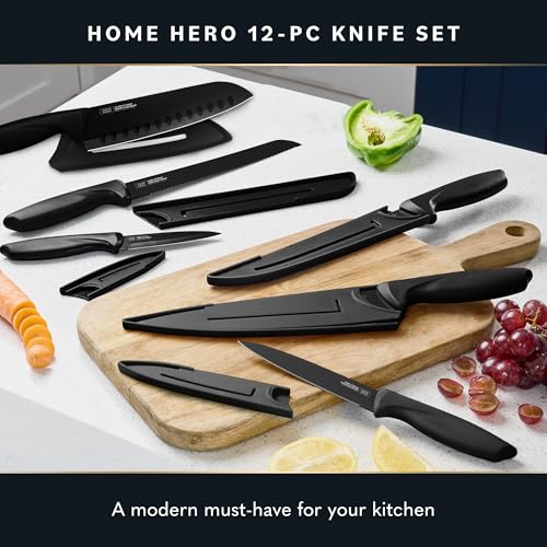 HomeHero Home Hero High Carbon Stainless Steel Knife Set - Chef Knife Set Precision Slicing & Versatility - Nonstick Ceramic Coated Blades & Easy Cleaning - Ergonomic Handles & Secure Grip - 12-Piece, Black - Image 2