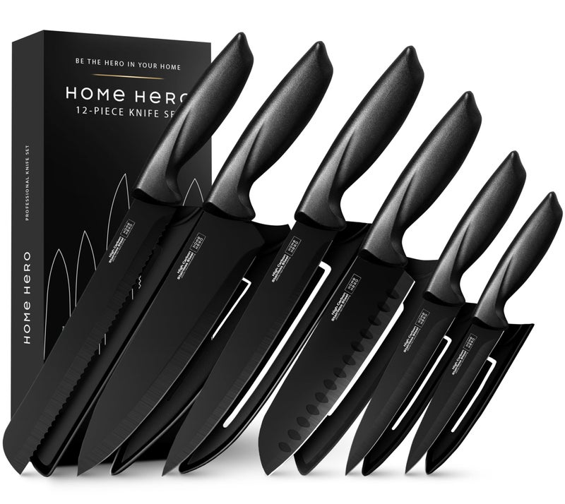HomeHero Home Hero High Carbon Stainless Steel Knife Set - Chef Knife Set Precision Slicing & Versatility - Nonstick Ceramic Coated Blades & Easy Cleaning - Ergonomic Handles & Secure Grip - 12-Piece, Black - Image 1