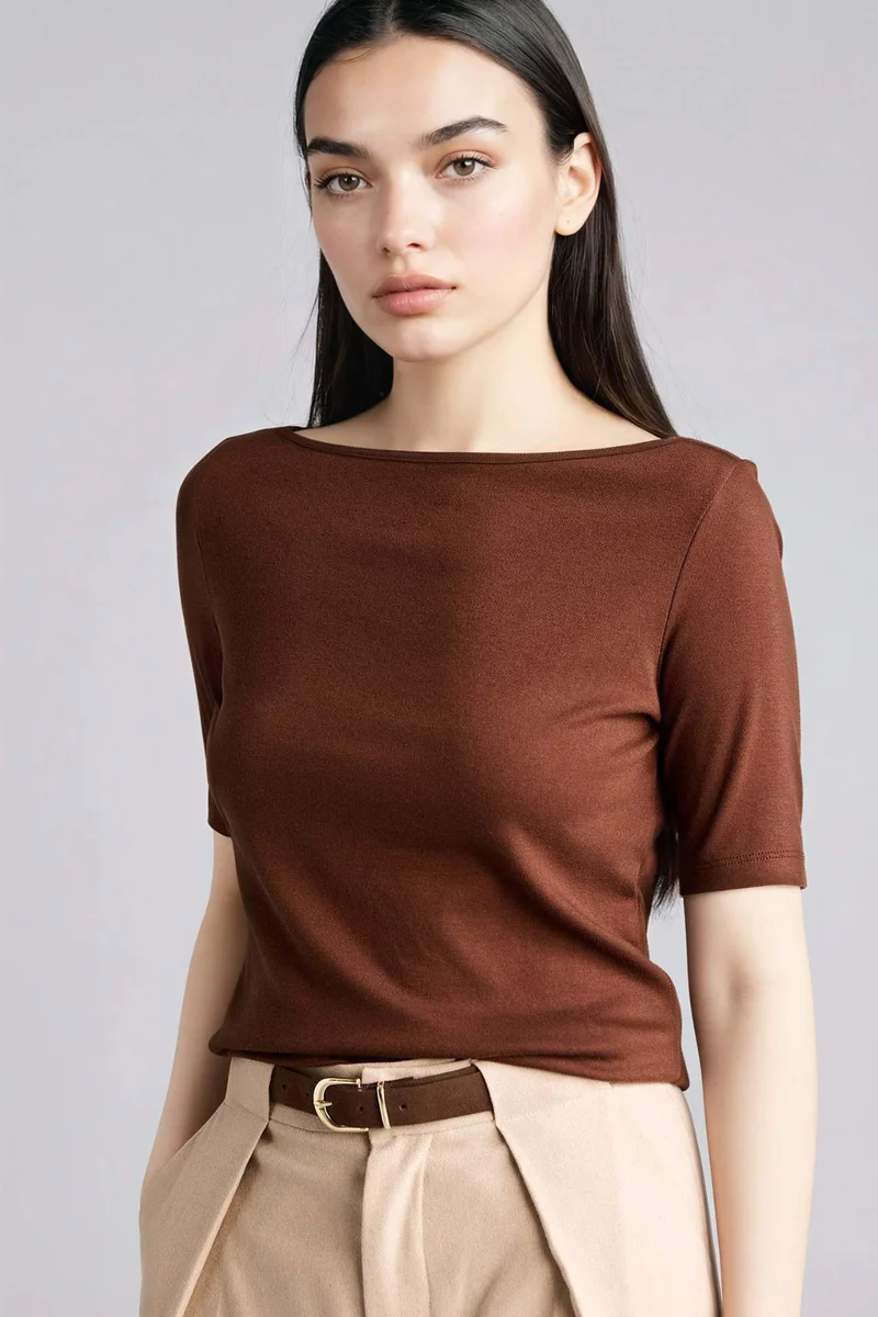 ديفاكتو Slim Fit Boat Collar Ribana Short Sleeve T-Shirt