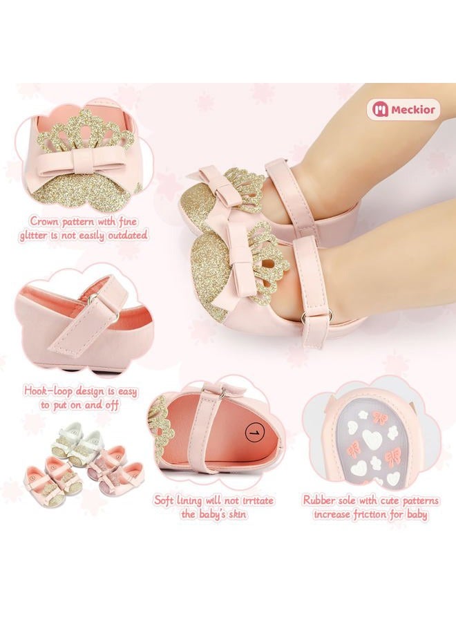Meckior Infant Baby Girls Soft Sole Bowknot Princess Wedding Dress Mary Jane Flats Prewalker Newborn Light Baby Sneaker Shoes, A40/Pink Gold, 6-12 Months - Image 5