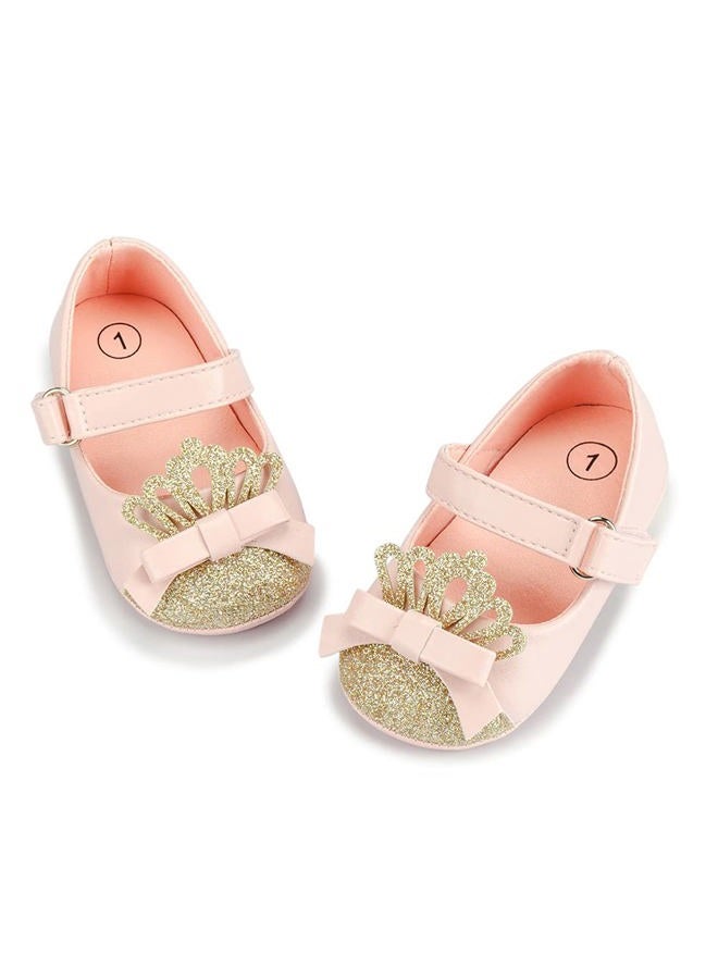 Meckior Infant Baby Girls Soft Sole Bowknot Princess Wedding Dress Mary Jane Flats Prewalker Newborn Light Baby Sneaker Shoes, A40/Pink Gold, 6-12 Months - Image 1