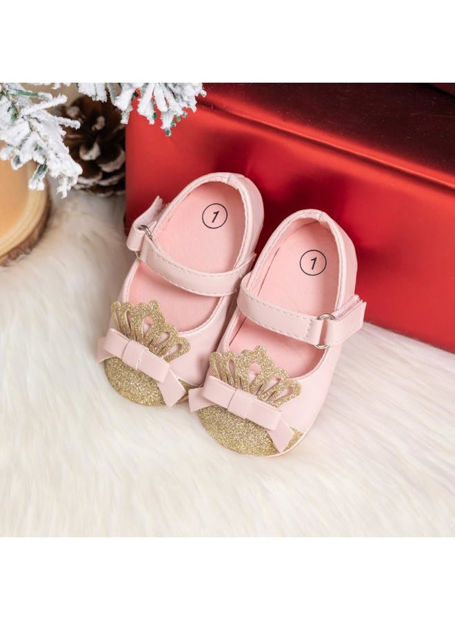 Meckior Infant Baby Girls Soft Sole Bowknot Princess Wedding Dress Mary Jane Flats Prewalker Newborn Light Baby Sneaker Shoes, A40/Pink Gold, 6-12 Months - Image 3