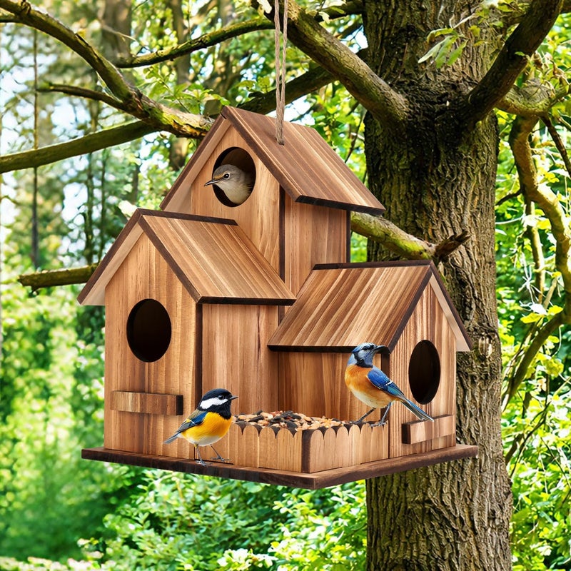 GLOPHOK Bird Houses for Outside, Outdoor 3-Hole Large Birdhouse Bird Feeder for Bluebirds, Finches, Cardinals and Yellow Finches, Wooden Hanging Edible Wild Bird Nest Garden Decorative - Image 1