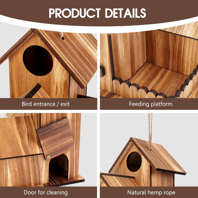 GLOPHOK Bird Houses for Outside, Outdoor 3-Hole Large Birdhouse Bird Feeder for Bluebirds, Finches, Cardinals and Yellow Finches, Wooden Hanging Edible Wild Bird Nest Garden Decorative - Image 5