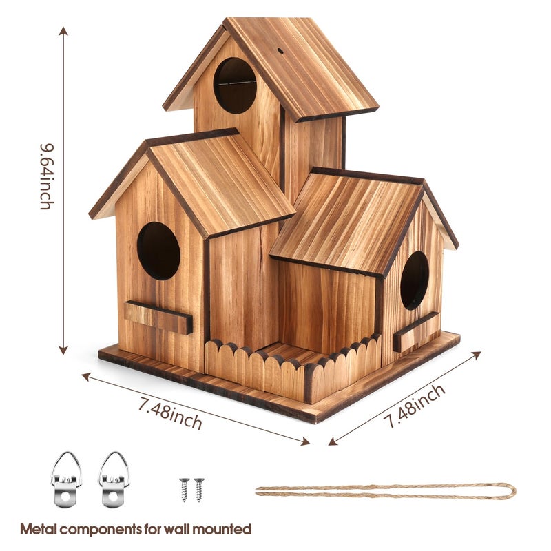 GLOPHOK Bird Houses for Outside, Outdoor 3-Hole Large Birdhouse Bird Feeder for Bluebirds, Finches, Cardinals and Yellow Finches, Wooden Hanging Edible Wild Bird Nest Garden Decorative - Image 2