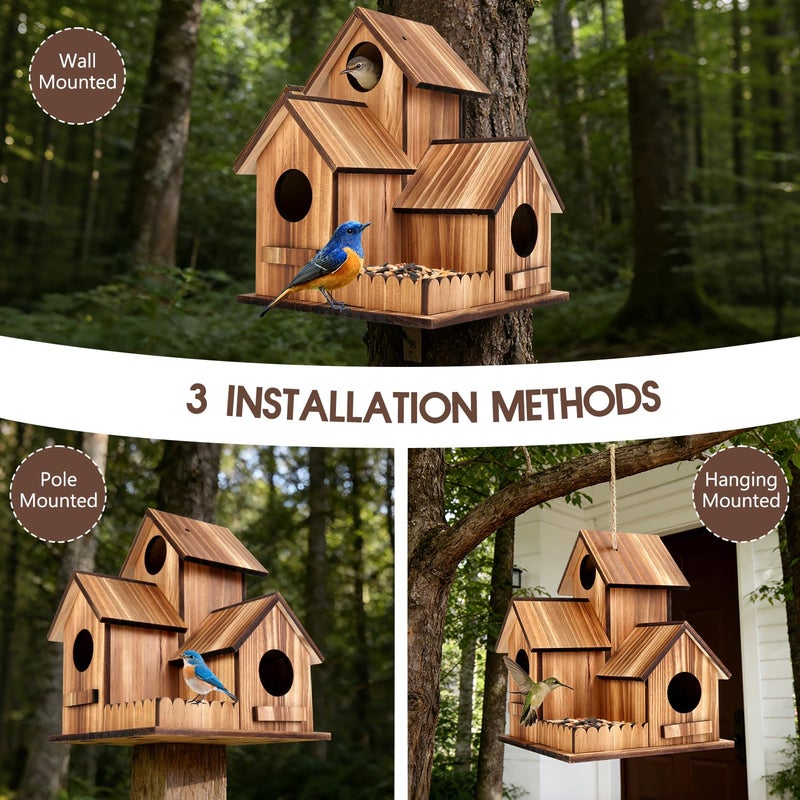 GLOPHOK Bird Houses for Outside, Outdoor 3-Hole Large Birdhouse Bird Feeder for Bluebirds, Finches, Cardinals and Yellow Finches, Wooden Hanging Edible Wild Bird Nest Garden Decorative - Image 3
