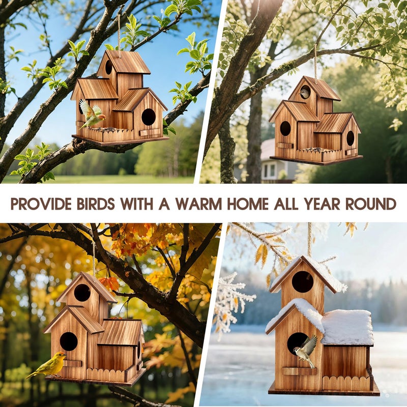 GLOPHOK Bird Houses for Outside, Outdoor 3-Hole Large Birdhouse Bird Feeder for Bluebirds, Finches, Cardinals and Yellow Finches, Wooden Hanging Edible Wild Bird Nest Garden Decorative - Image 4