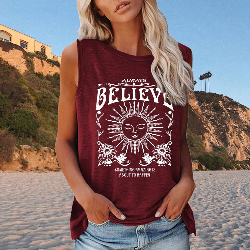 2022 new BELIEYE Sun printed loose round neck sleeveless T-shirt - Image 5