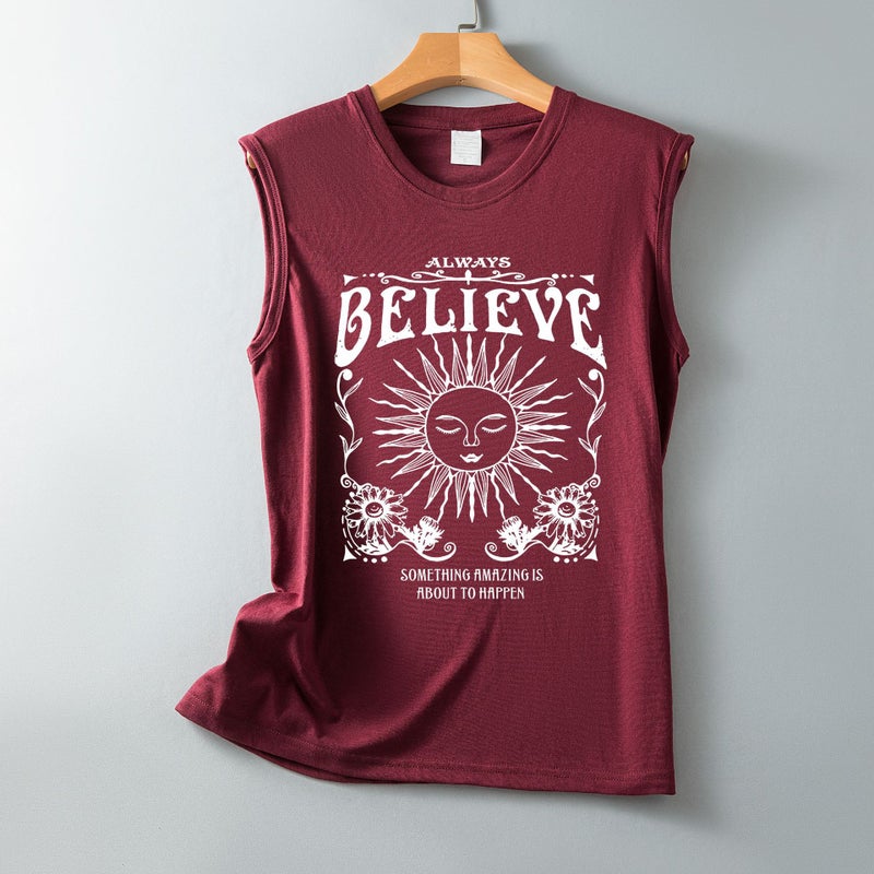 2022 new BELIEYE Sun printed loose round neck sleeveless T-shirt - Image 1