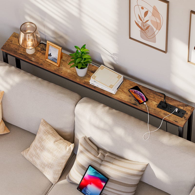 HOOBRO 47.2" Narrow Console Table with Power Outlet, 5.9" Behind Couch Table with Charging Station, Long Sofa Side Table, Skinny Entryway Table for Living Room, Hallway, Foyer, Rustic Brown BF15XG01G1 - Image 2