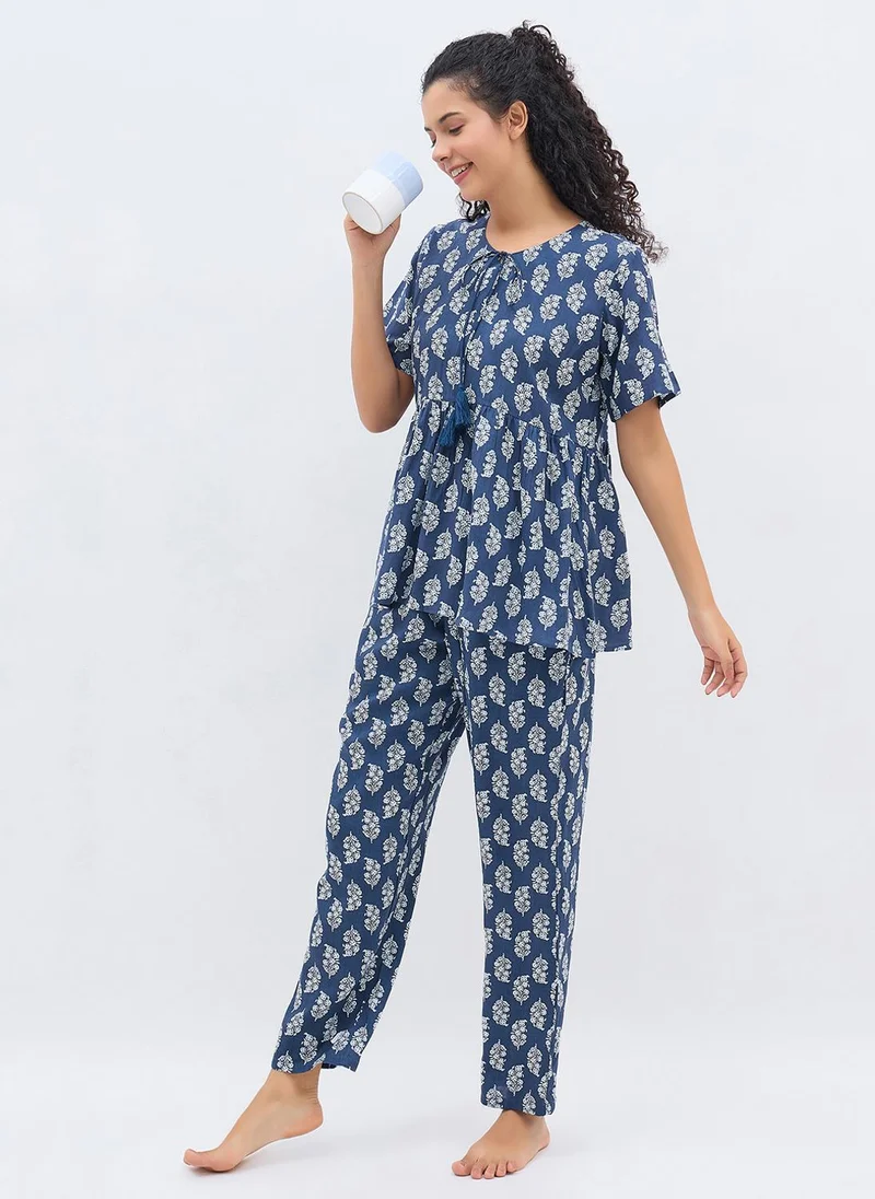 Clovia Clovia Leaf Print Peplum Top & Pyjama Set in Dark Blue - Rayon