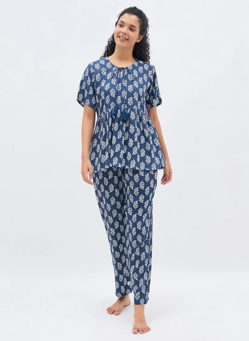 Clovia Clovia Leaf Print Peplum Top & Pyjama Set in Dark Blue - Rayon