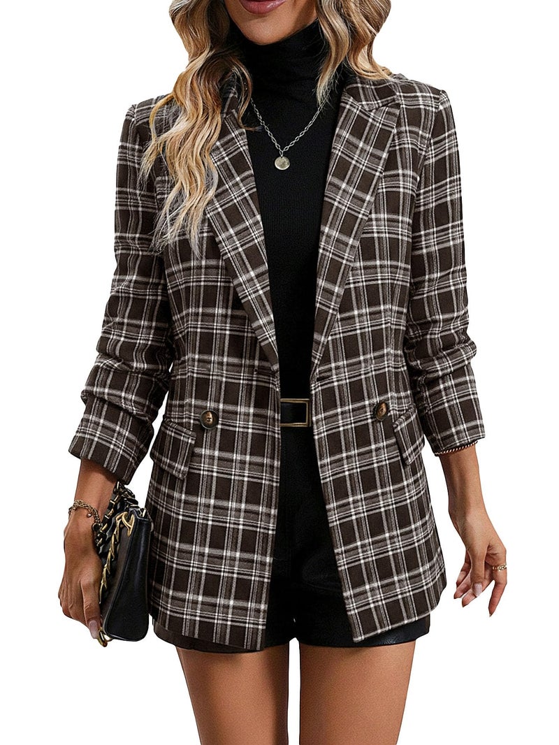 Mina Self Tweed Blazers Jacket for Women Plaid 2026 Fall Brown Tan Herringbone Sweater Business Casual Work Professional Womens Dressy Fitted Trendy Winter Women's Blazer & Suit Jackets Chocolate L - Image 1