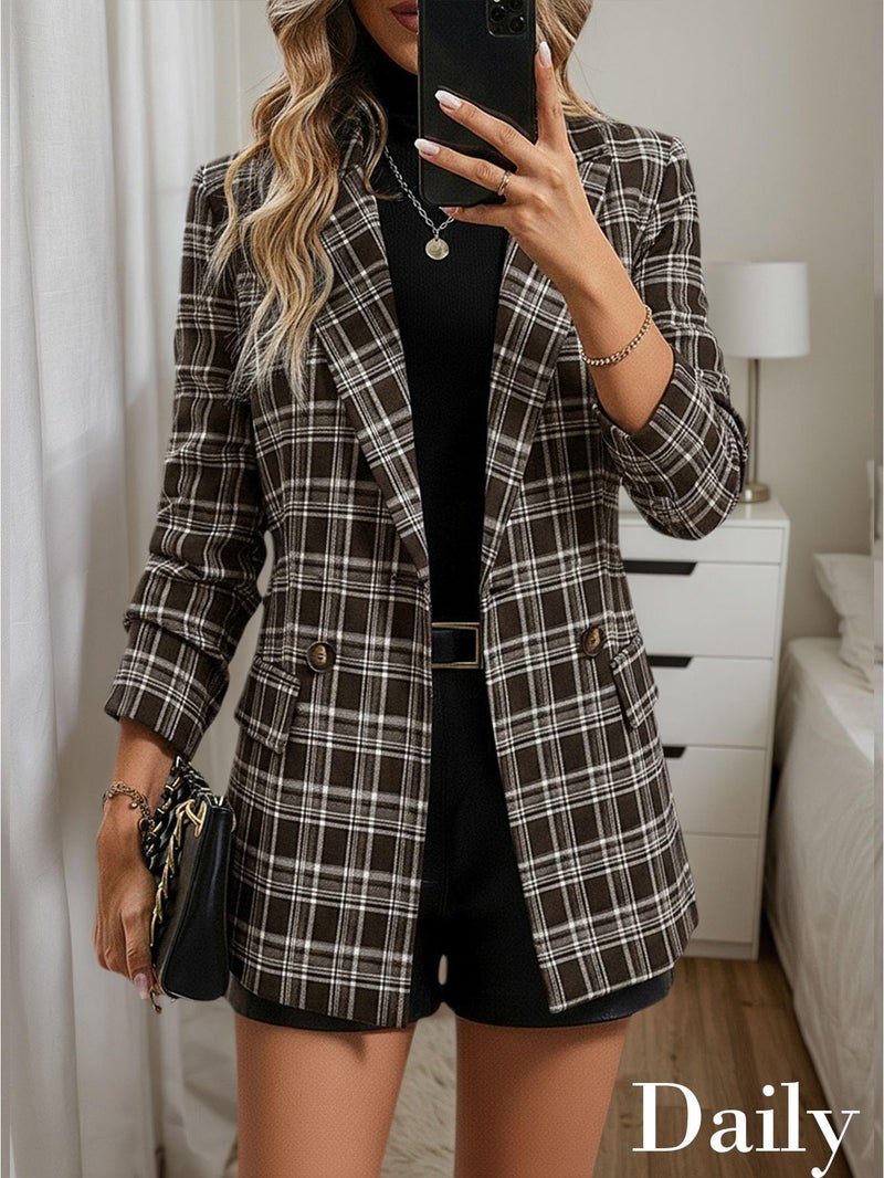 Mina Self Tweed Blazers Jacket for Women Plaid 2026 Fall Brown Tan Herringbone Sweater Business Casual Work Professional Womens Dressy Fitted Trendy Winter Women's Blazer & Suit Jackets Chocolate L - Image 3