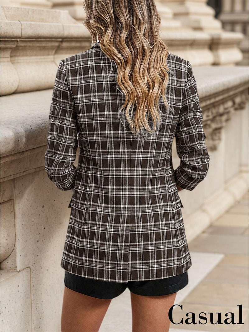 Mina Self Tweed Blazers Jacket for Women Plaid 2026 Fall Brown Tan Herringbone Sweater Business Casual Work Professional Womens Dressy Fitted Trendy Winter Women's Blazer & Suit Jackets Chocolate L - Image 4