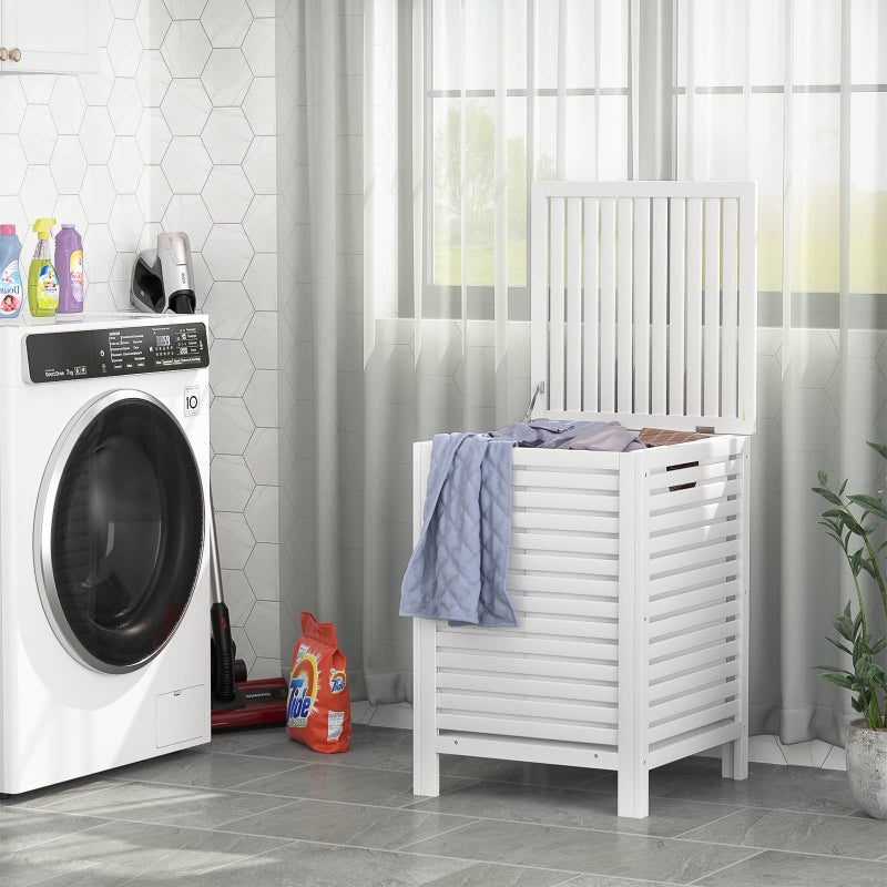 Homykic Bamboo Laundry Hamper with Lid, 120L Large Clothes Laundry Sorter with Removable 2-Section Liner Bag, Raised Laundry Basket Organizer for Clothing, Bathroom, Bedroom, Laundry Room, White - Image 2