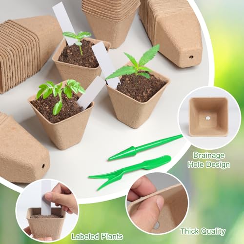 Baxrou 120 Pack 3.15 Inch Square Peat Pots for Seedlings, Seed Starting Pots with Drainage Holes Nursery Pot, Herb Seed Starter Pot Kits wit 30 Plant Labels, 2 Transplant Tools. - Image 3