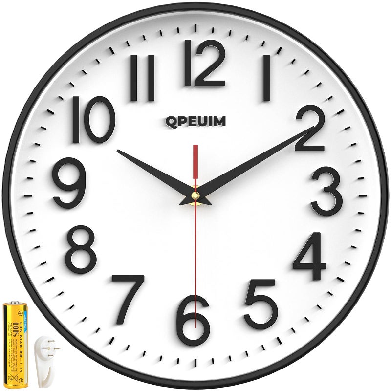 QPEUIM Wall Clock Wall Clocks Silent NonTicking Battery Operated Large Easy to Read with Stereoscopic Dial UltraQuiet Movement Quartz for Office Classroom School Home Kitchen 10 inches