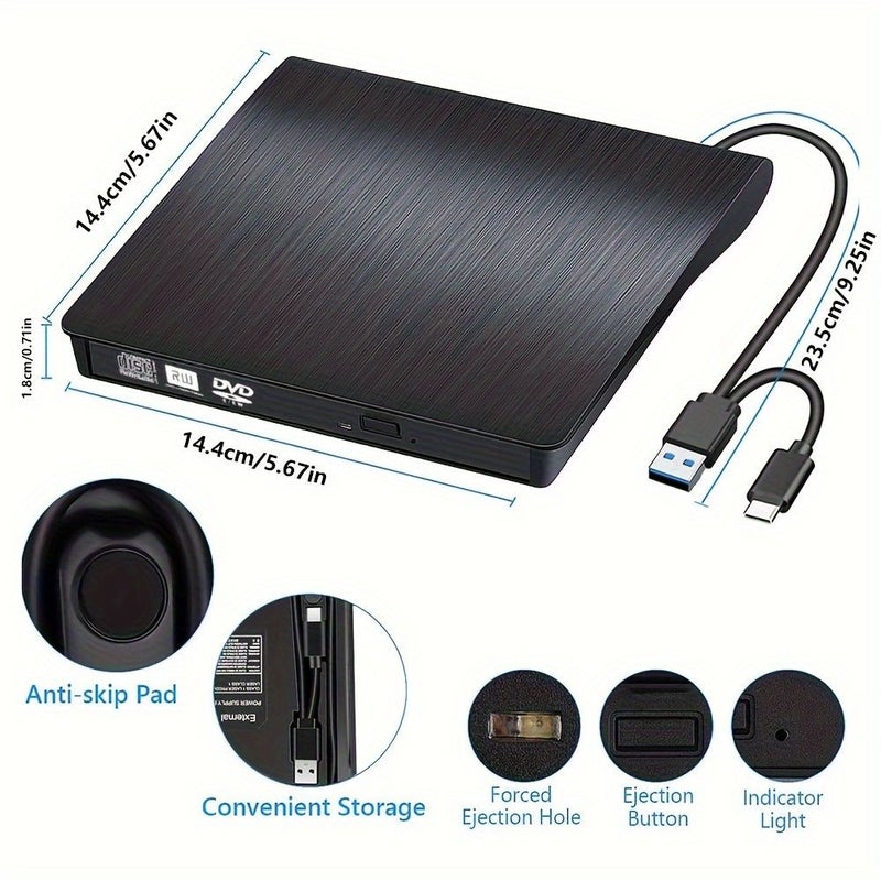 أسود USB 3.0 خارجي قرص DVD محرك أقراص ضوئي محمول لحرق الأقراص المدمجة القابلة لإعادة الكتابة لأجهزة الكمبيوتر المحمولة والمكتبية التي تعمل بأنظمة ويندوز ولينكس وماك أو إس - Image 2