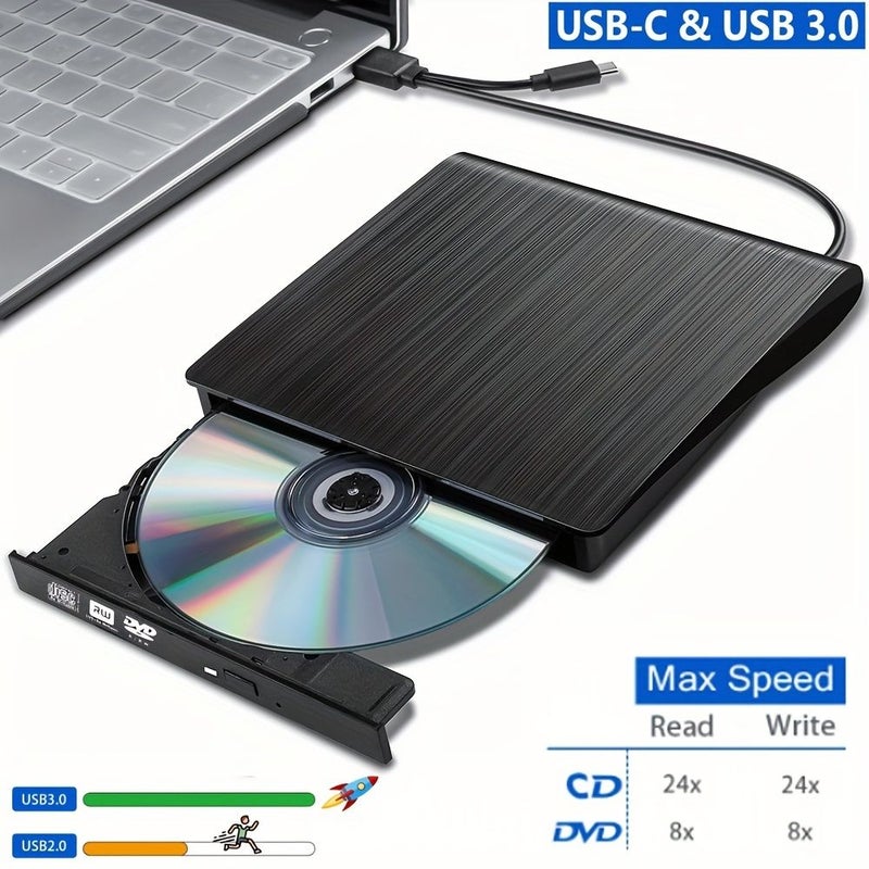 أسود USB 3.0 خارجي قرص DVD محرك أقراص ضوئي محمول لحرق الأقراص المدمجة القابلة لإعادة الكتابة لأجهزة الكمبيوتر المحمولة والمكتبية التي تعمل بأنظمة ويندوز ولينكس وماك أو إس - Image 1