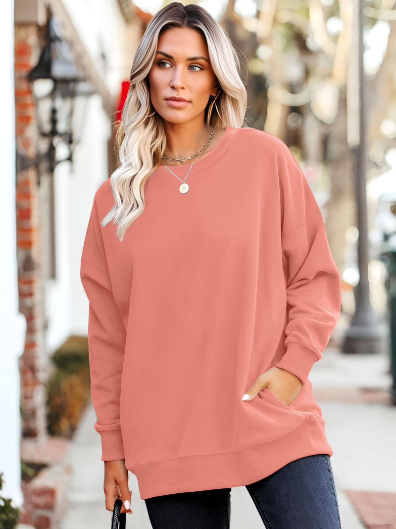 WIHOLL Winter Clothing for Women Early Fall Fashion Sweaters Long Sleeve Shirts Crewneck Sweatshirts with Pocket Coral L - Image 2