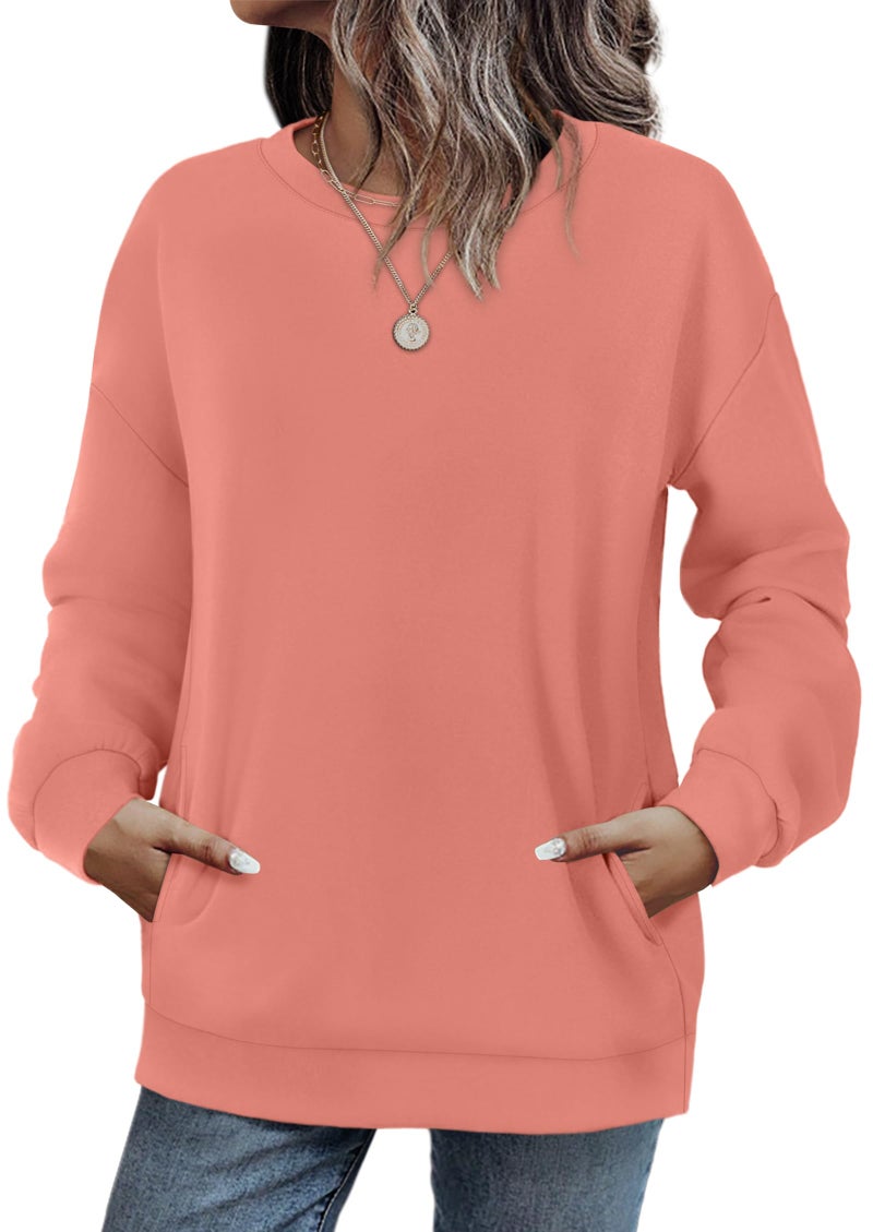 WIHOLL Winter Clothing for Women Early Fall Fashion Sweaters Long Sleeve Shirts Crewneck Sweatshirts with Pocket Coral L - Image 1
