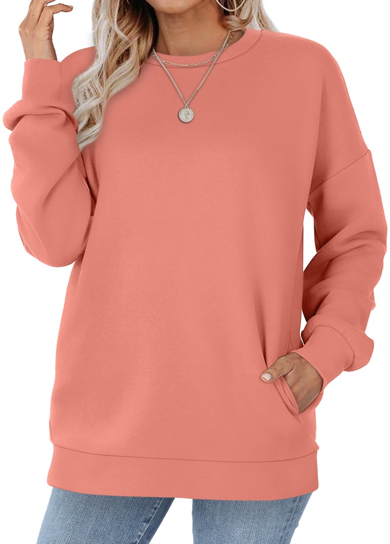 WIHOLL Winter Clothing for Women Early Fall Fashion Sweaters Long Sleeve Shirts Crewneck Sweatshirts with Pocket Coral L - Image 3