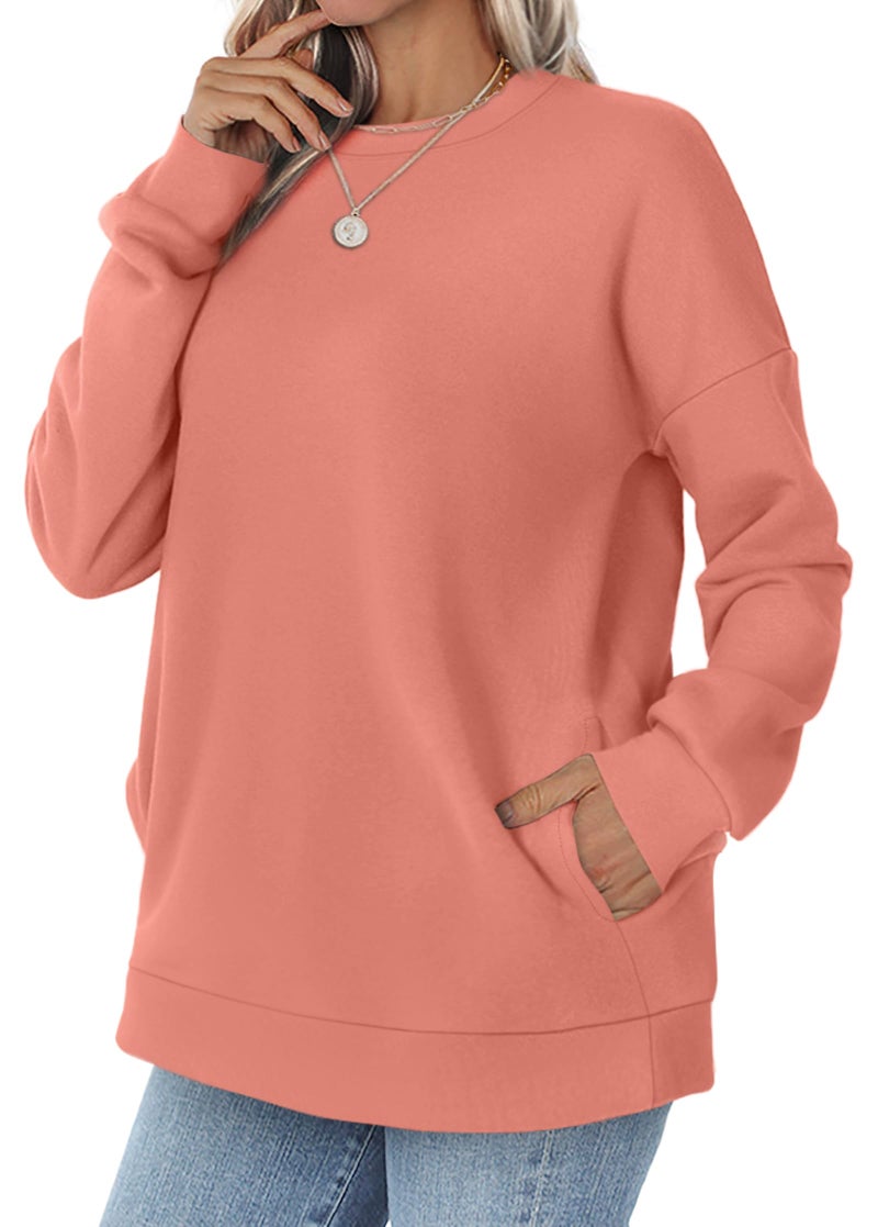 WIHOLL Winter Clothing for Women Early Fall Fashion Sweaters Long Sleeve Shirts Crewneck Sweatshirts with Pocket Coral L - Image 4