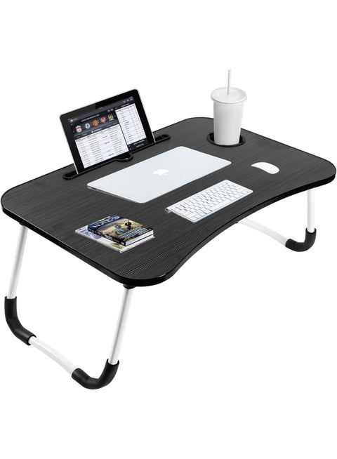 laptop table, breakfast serving bed tray, lap desk with foldable leg & tablet phone groove & cup slot for reading writing eating on bed couch sofa floor