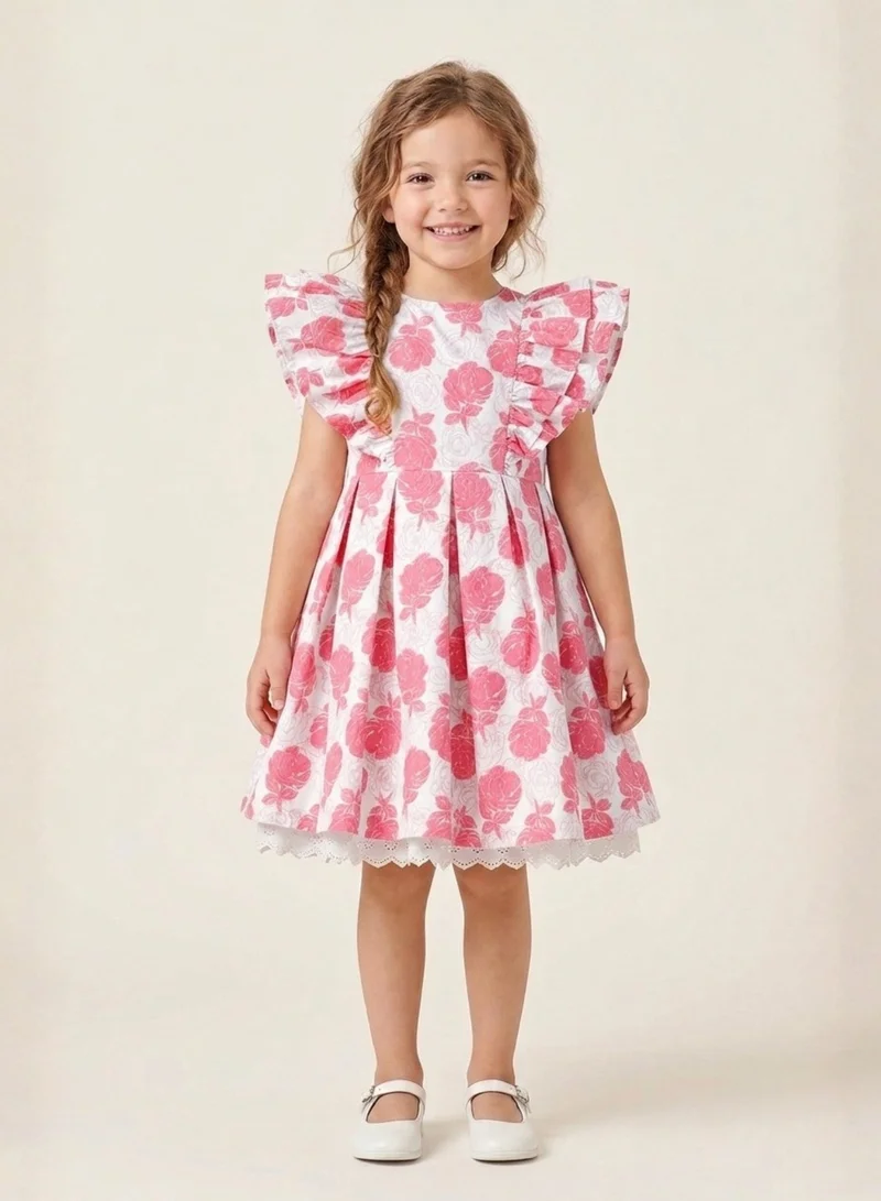 Luxe & Hardy Girls Else Floral Printed Flutter Sleeve Ruffle Dress