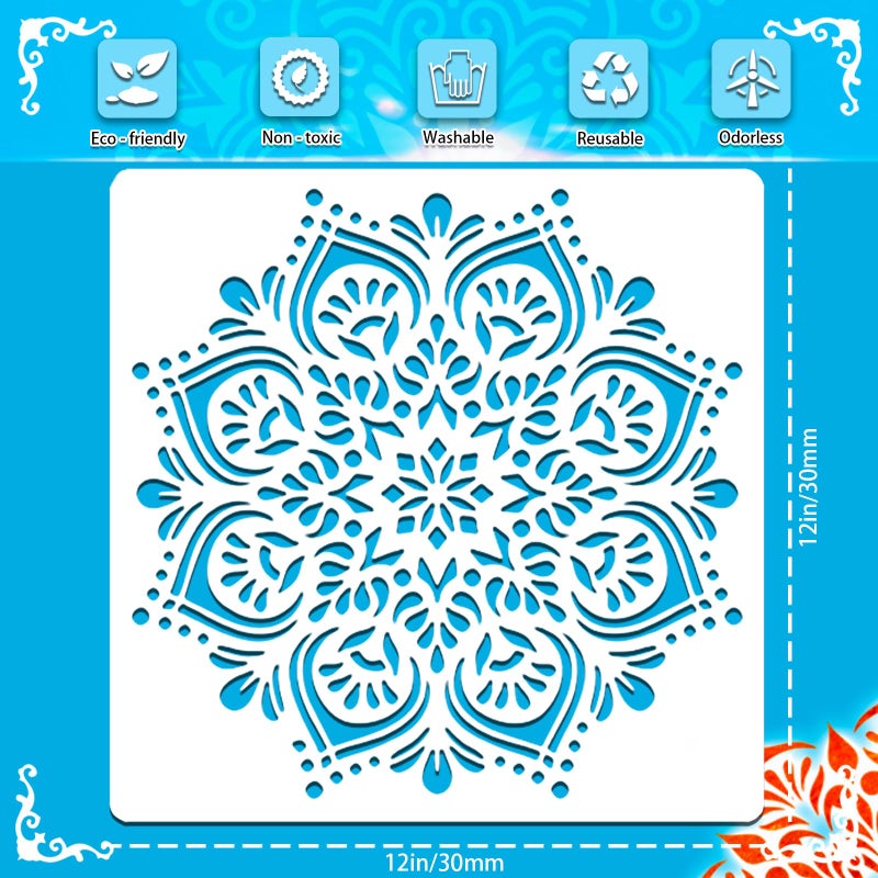 SUNFEEL 9-Pack Large Mandala Stencils - 12 x 12 Inch Reusable Templates, For DIY Wall & Floor Crafts And Furniture - Image 2