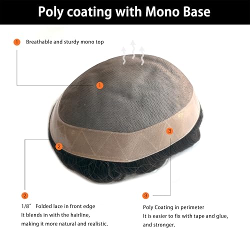 Hywel Toupee for Men with 100 Human Hair Mono Top with Poly Coating Around Cap Mens Wig Straight Wave Hair Pieces Replacement for Men System Off Black 1B 7 9 Inch - Image 3