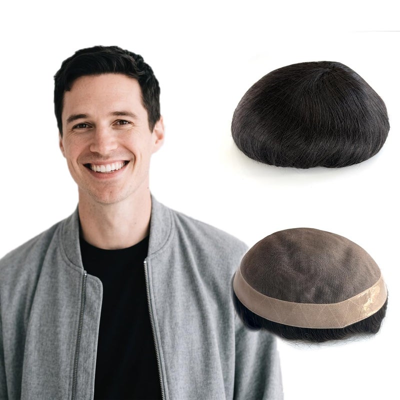 Hywel Toupee for Men with 100 Human Hair Mono Top with Poly Coating Around Cap Mens Wig Straight Wave Hair Pieces Replacement for Men System Off Black 1B 7 9 Inch - Image 2