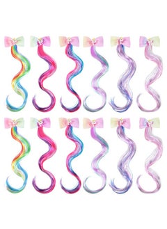 Mtlee 12 Pieces Unicorn Hair Clips Princess Curly Hair Extensions Unicorn Hair Accessories For Girls Rainbow Bows Extensions For Kids Halloween Cosplay Dress Hair Decoration 6 Colors()  - Image 1