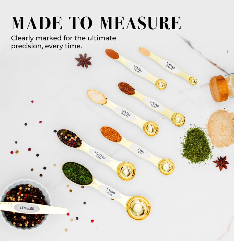 styled settings White and Gold Magnetic Measuring Spoons â€“ Stainless Steel Double Sided Measuring Spoons for Cooking and Baking â€“ Cute White and Gold Kitchen Accessories, Ideal for Gifting - Image 5