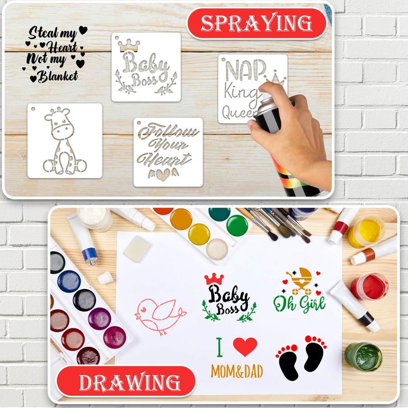 eageus 64 Pieces Small Onesie Stencils for Baby Shower, 3 Inch Reusable Baby Bib Stencil for Painting, Cute Animal Clothes T Shirts Template Kit for Fabric Canvas Craft DIY Home Decor(Baby Show) - Image 3