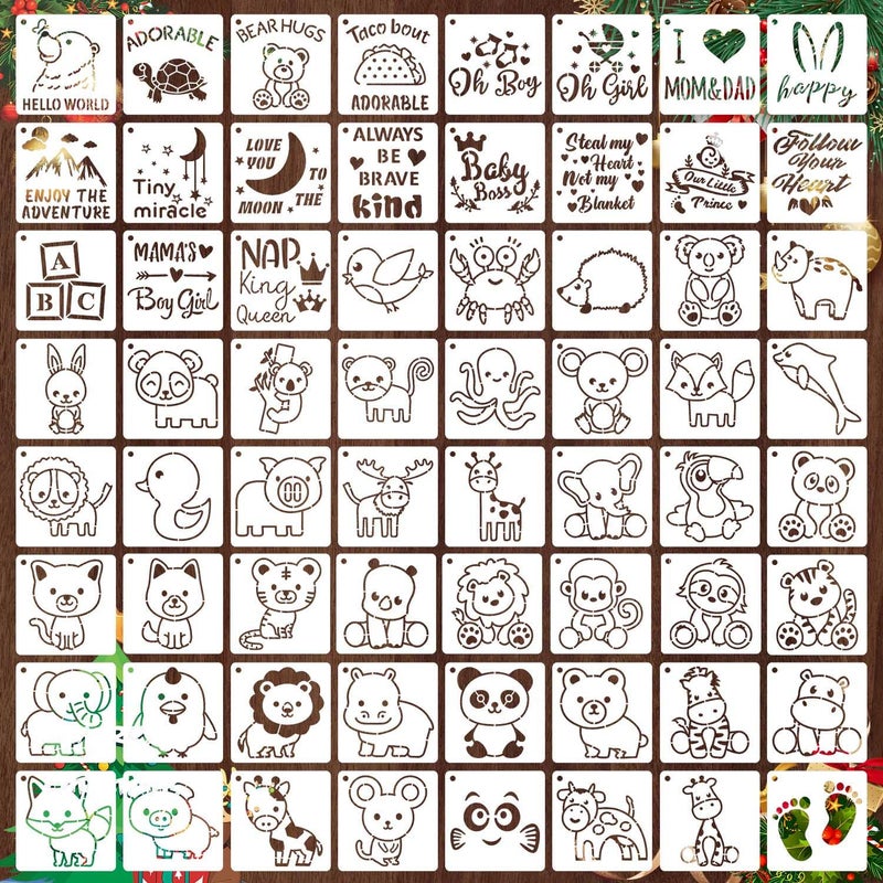 eageus 64 Pieces Small Onesie Stencils for Baby Shower, 3 Inch Reusable Baby Bib Stencil for Painting, Cute Animal Clothes T Shirts Template Kit for Fabric Canvas Craft DIY Home Decor(Baby Show) - Image 1