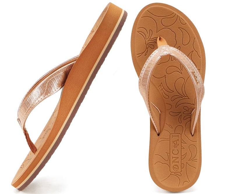 ONCAI Women's Flip Flops Comfortable Summer Beach Thong Sandals for Women 2025 with Cushion Walking Arch Support Yoga Mat Indoor Outdoor Soles Khaki Size 9 - Image 1