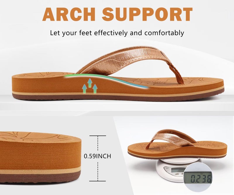 ONCAI Women's Flip Flops Comfortable Summer Beach Thong Sandals for Women 2025 with Cushion Walking Arch Support Yoga Mat Indoor Outdoor Soles Khaki Size 9 - Image 5