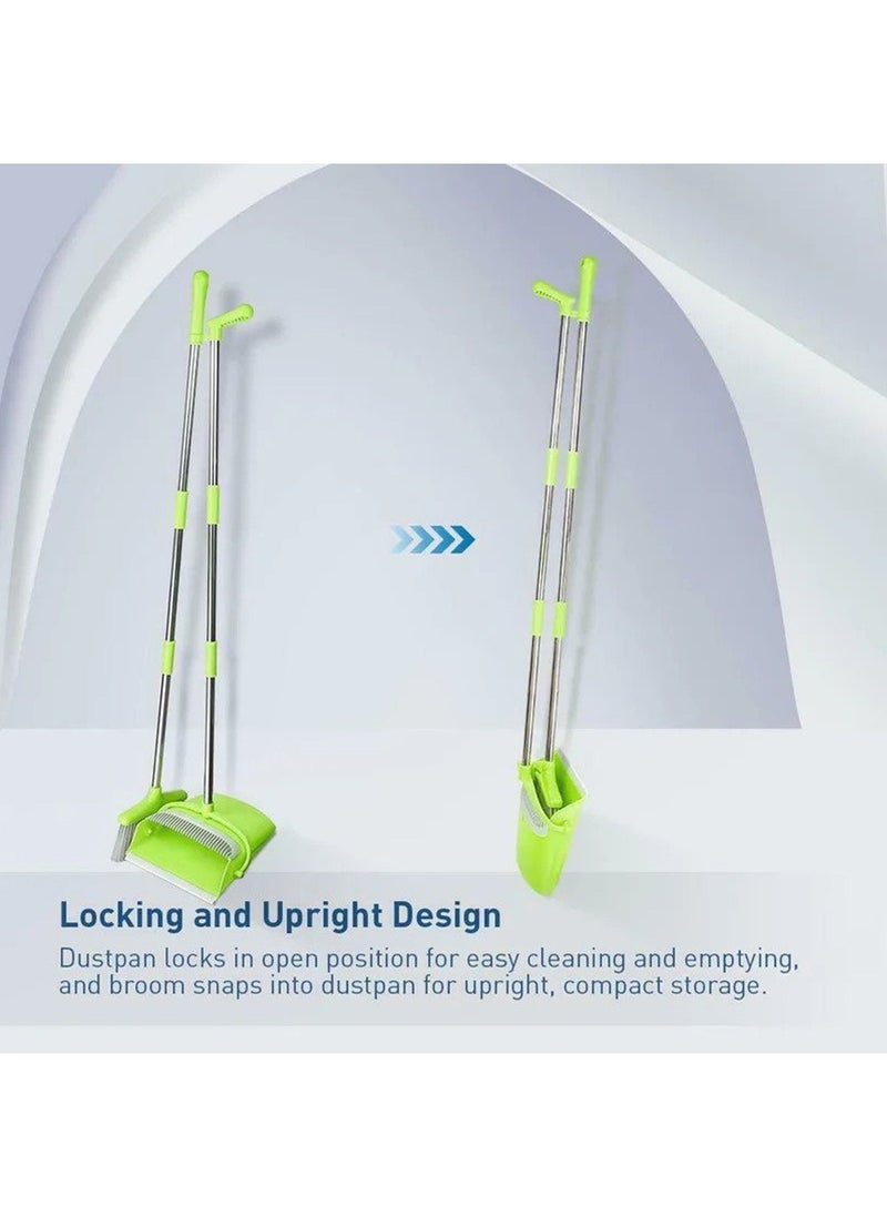 Swift - Broom and Dustpan Set with Long Telescoping Handle Combo Set for Office and Home Standing Upright Sweep Use, Green - Image 1