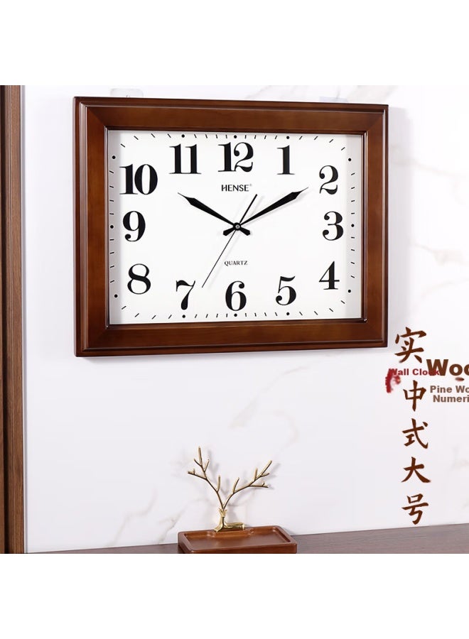 Hense Chinese Style Solid Wood Wall Clock Rectangular Living Room Classic Quartz Clock Hw30 Brown 60cm - Image 3