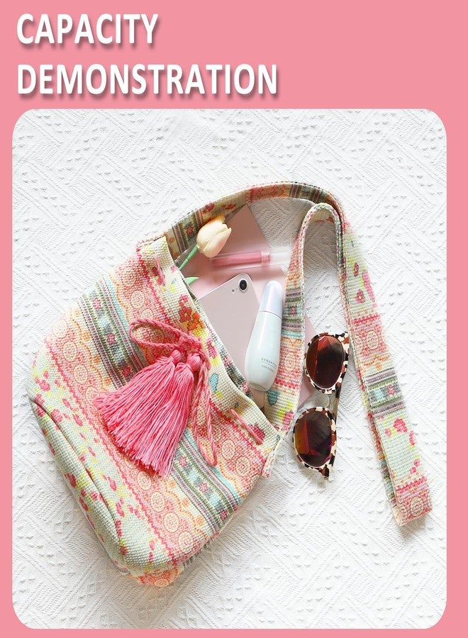 QTKJ Bohemian Floral Canvas Crossbody Bag - Large Capacity Travel Shoulder Bag With Tassels and Drawstring for Daily Use and Vacation Matching - Image 4